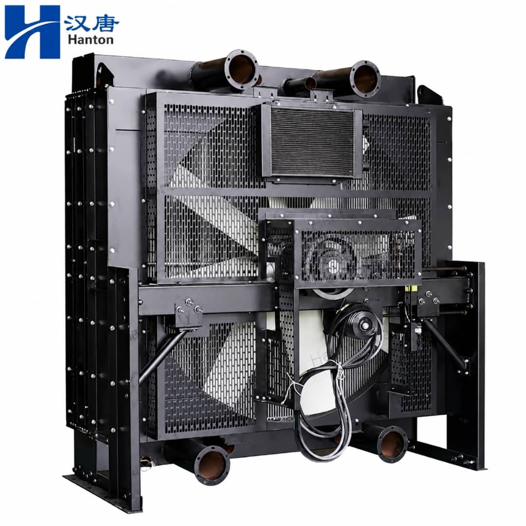 Large industrial generator radiator pack with fan and guards